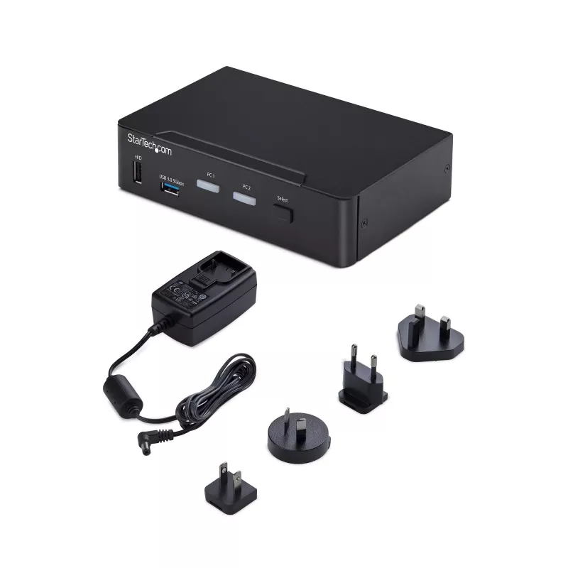 StarTech.com Switch KVM DisplayPort de 2 puertos, 4K 60Hz, DP 1.2, gestión EDID, hub USB 3.0 de 2 puertos, 4x puertos USB HID, conforme a TAA