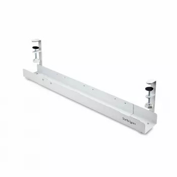 StarTech.com Bandeja de gestión de cables bajo el escritorio, organizador de cables de longitud ajustable, montaje por pinza, sin necesidad de taladrar, soporte para regletas, blanco