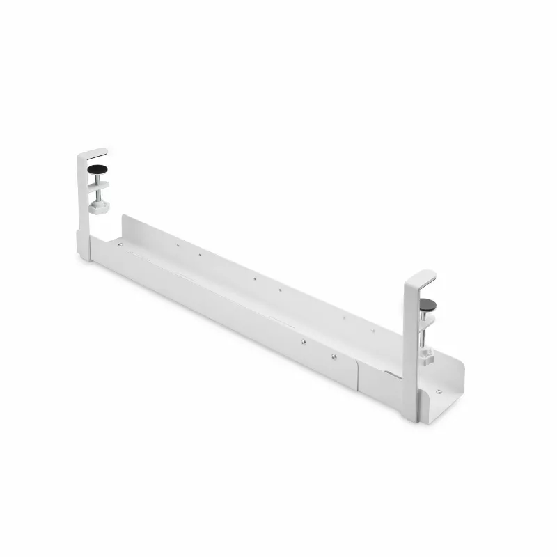 StarTech.com Bandeja de gestión de cables bajo el escritorio, organizador de cables de longitud ajustable, montaje por pinza, sin necesidad de taladrar, soporte para regletas, blanco