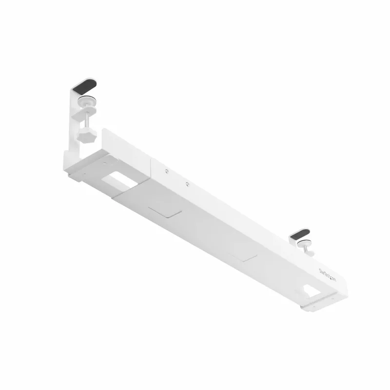 StarTech.com Bandeja de gestión de cables bajo el escritorio, organizador de cables de longitud ajustable, montaje por pinza, sin necesidad de taladrar, soporte para regletas, blanco