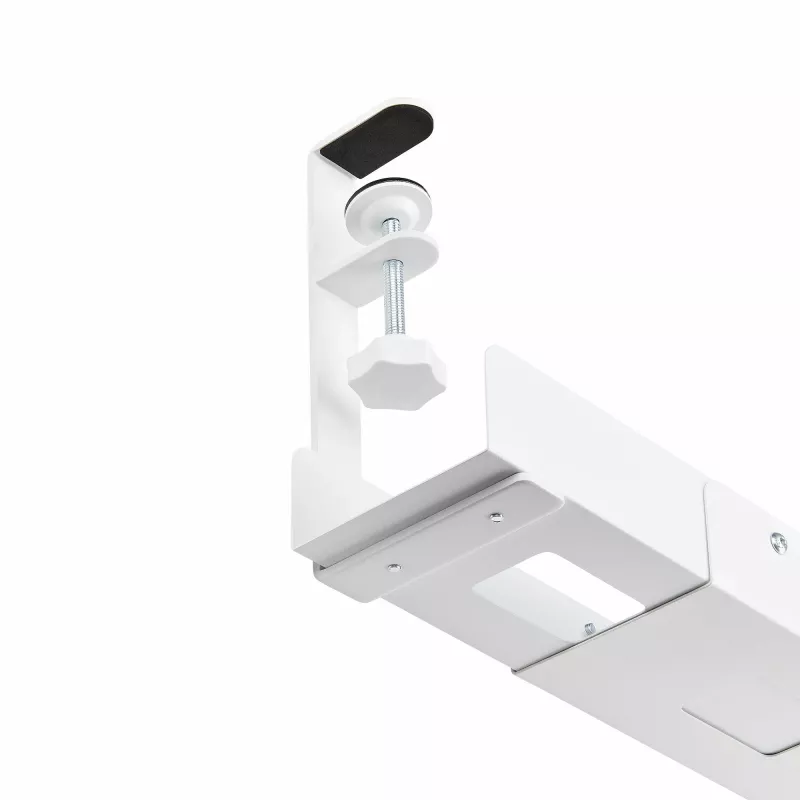 StarTech.com Bandeja de gestión de cables bajo el escritorio, organizador de cables de longitud ajustable, montaje por pinza, sin necesidad de taladrar, soporte para regletas, blanco