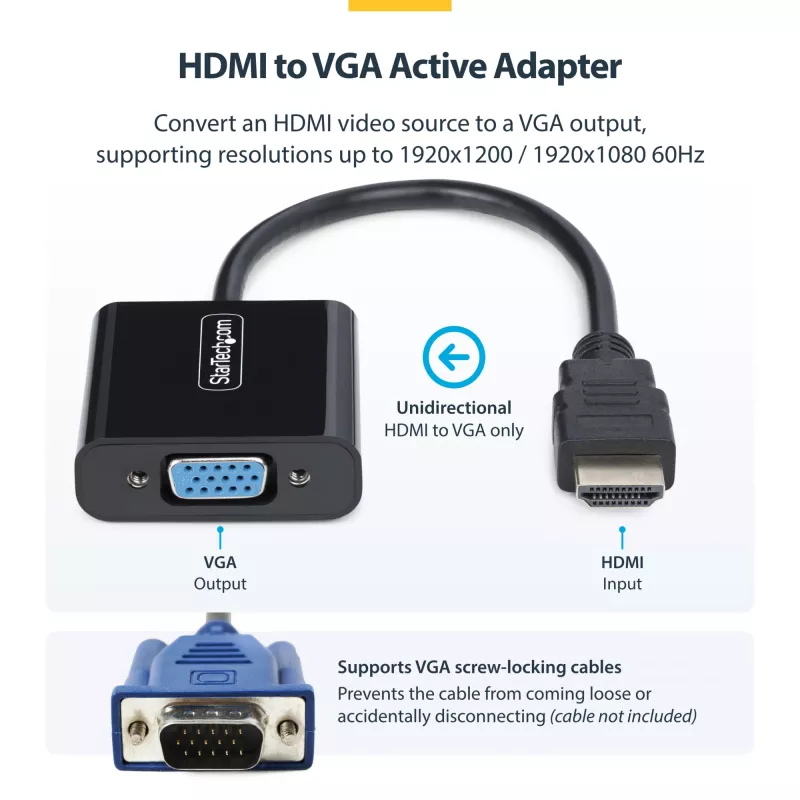 StarTech.com Adaptador HDMI a VGA, convertidor de vídeo activo para portátil/sobremesa, 1920x1080 (1080p), fuente HDMI a monitor VGA/display/proyector