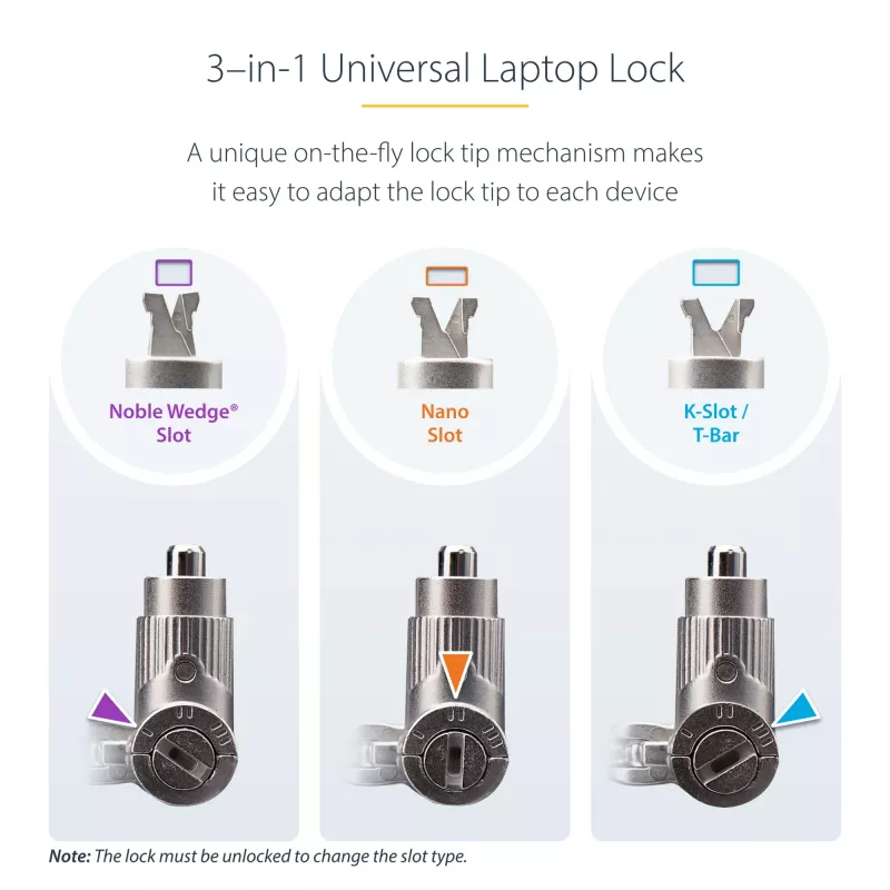 StarTech.com Pack de 25 candados universales para portátil de 2 m, apertura con la misma llave, cable de seguridad, compatible con Noble Wedge®/Nano/K-Slot, cable antirrobo resistente a cortes