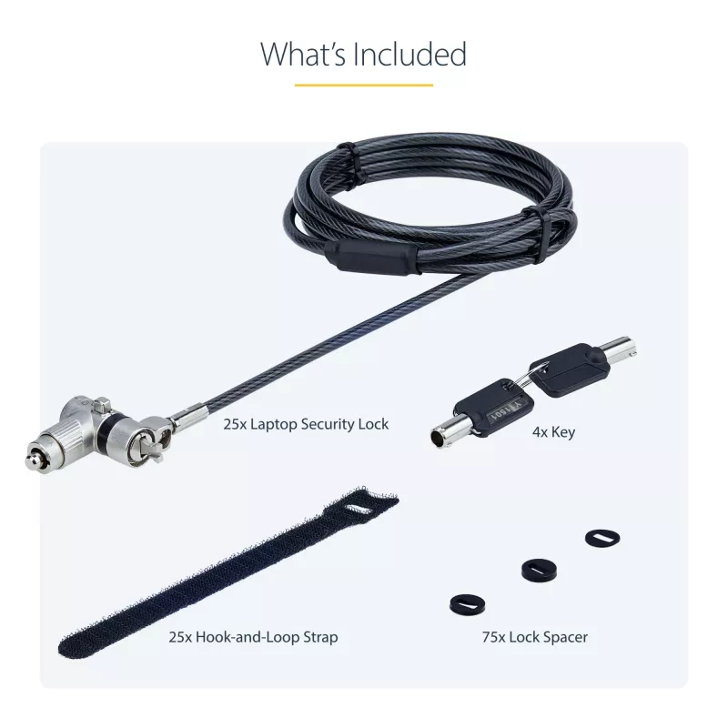 StarTech.com Pack de 25 candados universales para portátil de 2 m, apertura con la misma llave, cable de seguridad, compatible con Noble Wedge®/Nano/K-Slot, cable antirrobo resistente a cortes