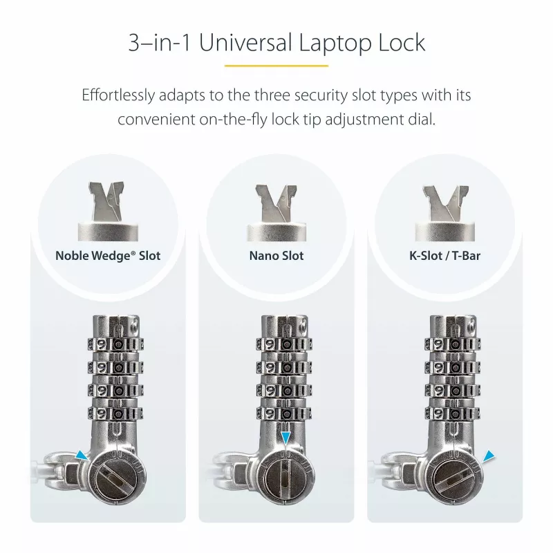 StarTech.com Pack de 25 candados universales para portátil de 2 m, cable de seguridad serializado para portátil, compatible con Noble Wedge®/Nano/K-Slot, cable con cierre de combinación sin llave – TAA