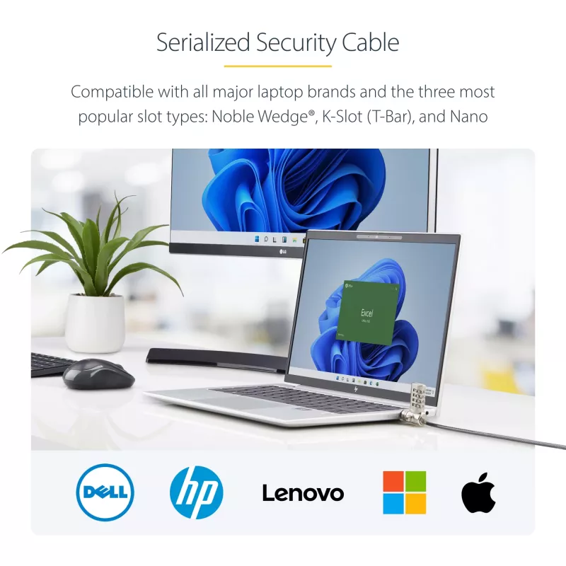 StarTech.com Pack de 25 candados universales para portátil de 2 m, cable de seguridad serializado para portátil, compatible con Noble Wedge®/Nano/K-Slot, cable con cierre de combinación sin llave – TAA