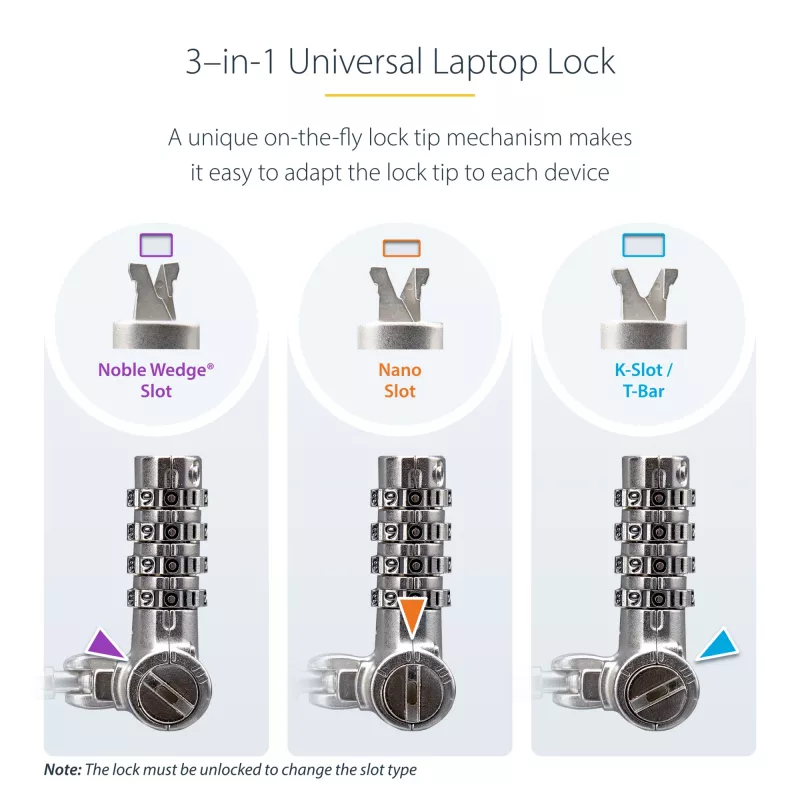 StarTech.com Pack de 25 candados universales para portátil de 2 m, cable de seguridad serializado para portátil, compatible con Noble Wedge®/Nano/K-Slot, cable con cierre de combinación sin llave – TAA
