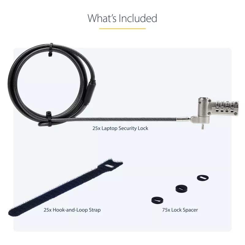 StarTech.com Pack de 25 candados universales para portátil de 2 m, cable de seguridad serializado para portátil, compatible con Noble Wedge®/Nano/K-Slot, cable con cierre de combinación sin llave – TAA