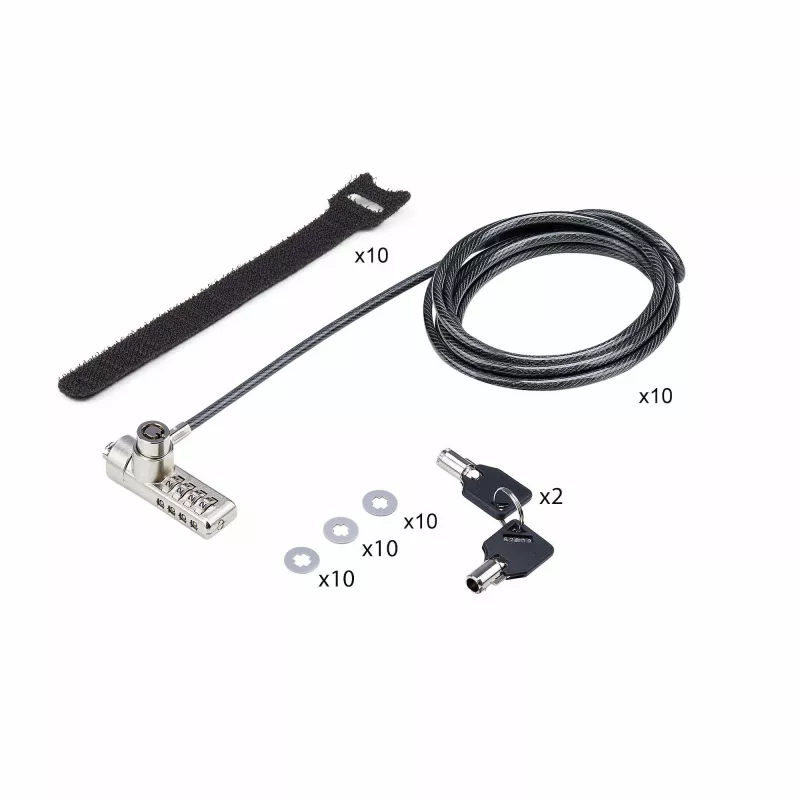 StarTech.com Pack de 10 candados para portátil de doble acceso, cable de seguridad de 1,98 m con apertura con la misma llave y combinación para dispositivos con ranura K, cable de acero antirrobo para ordenador