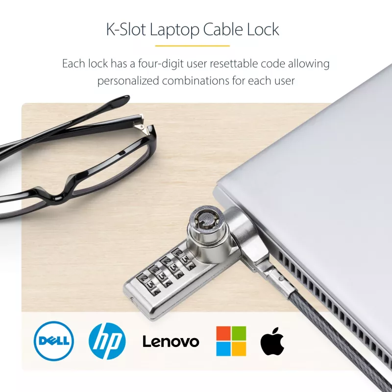 StarTech.com Pack de 10 candados para portátil de doble acceso, cable de seguridad de 1,98 m con apertura con la misma llave y combinación para dispositivos con ranura K, cable de acero antirrobo para ordenador