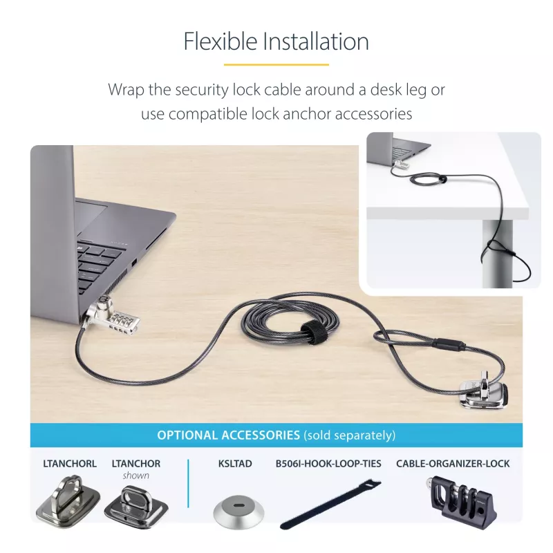 StarTech.com Pack de 10 candados para portátil de doble acceso, cable de seguridad de 1,98 m con apertura con la misma llave y combinación para dispositivos con ranura K, cable de acero antirrobo para ordenador