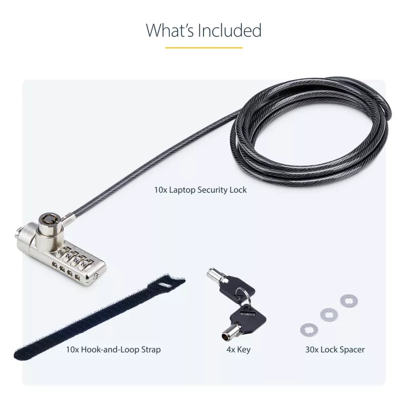 StarTech.com Pack de 10 candados para portátil de doble acceso, cable de seguridad de 1,98 m con apertura con la misma llave y combinación para dispositivos con ranura K, cable de acero antirrobo para ordenador