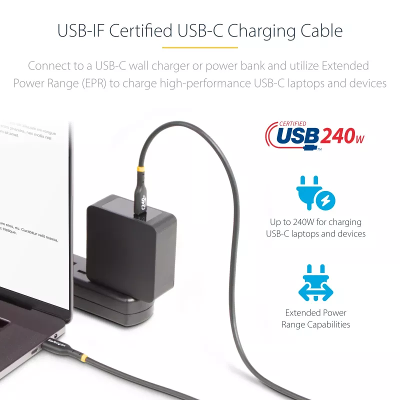 StarTech.com Cable de carga USB-C de 4 m, cable USB-C certificado USB-IF, 240W PD EPR, cable de carga para portátil USB 2.0 Type-C, cable de transferencia de datos USB-C, funda TPE, M/M