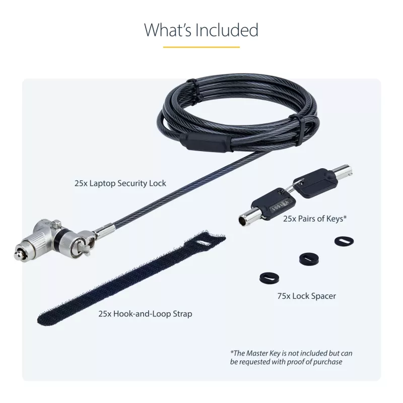 StarTech.com Pack de 25 candados universales para portátil de 2 m (6,6 ft), cable de seguridad con llave maestra, seguridad informática, compatible con Noble Wedge®/Nano/K-Slot; cable antirrobo resistente a cortes