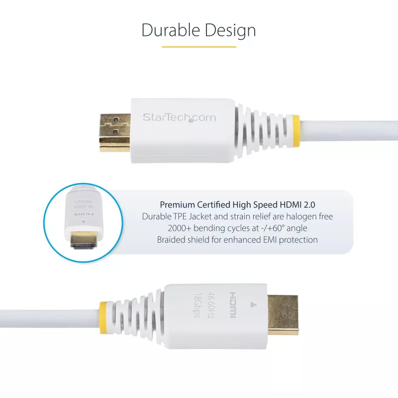 StarTech.com Cable HDMI High Speed Premium Certified de 10ft (3 m), 4K 60Hz/1440p 144Hz, HDR10/HDCP 2.2/ARC, 18Gbps, Cable HDMI 2.0 UHD para TV/Monitor/Pantalla, Funda TPE, Blanco