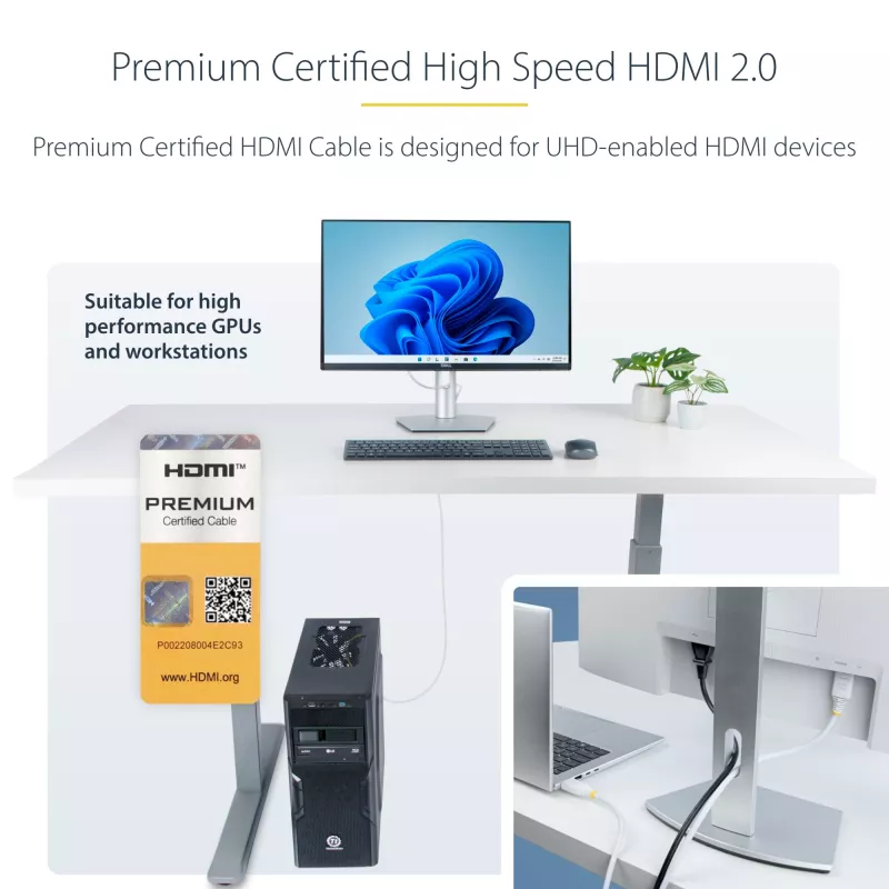 StarTech.com Cable HDMI High Speed Premium Certified de 10ft (3 m), 4K 60Hz/1440p 144Hz, HDR10/HDCP 2.2/ARC, 18Gbps, Cable HDMI 2.0 UHD para TV/Monitor/Pantalla, Funda TPE, Blanco