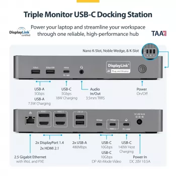 StarTech.com Docking station USB-C para triple monitor, estación de carga para portátil de 140W para MacBook Pro y Windows, HDMI o DisplayPort 4K 60Hz, TAA