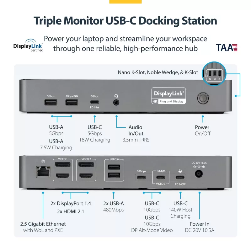 StarTech.com Docking station USB-C para triple monitor, estación de carga para portátil de 140W para MacBook Pro y Windows, HDMI o DisplayPort 4K 60Hz, TAA