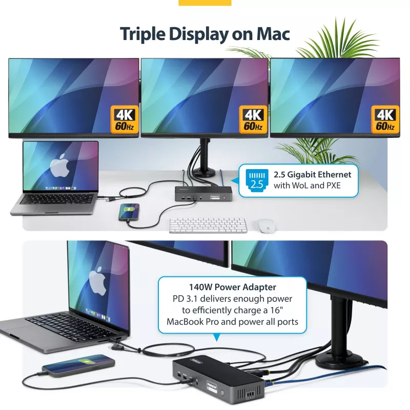 StarTech.com Docking station USB-C para triple monitor, estación de carga para portátil de 140W para MacBook Pro y Windows, HDMI o DisplayPort 4K 60Hz, TAA