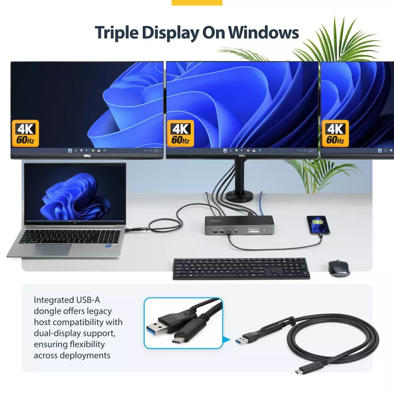 StarTech.com Docking station USB-C para triple monitor, estación de carga para portátil de 140W para MacBook Pro y Windows, HDMI o DisplayPort 4K 60Hz, TAA