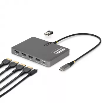 StarTech.com Adaptador USB-C a estación de trabajo de cuatro monitores, HDMI 4K 60Hz, PD Passthrough de 140W para carga de portátil, puerto USB para teclado/ratón inalámbrico, TAA