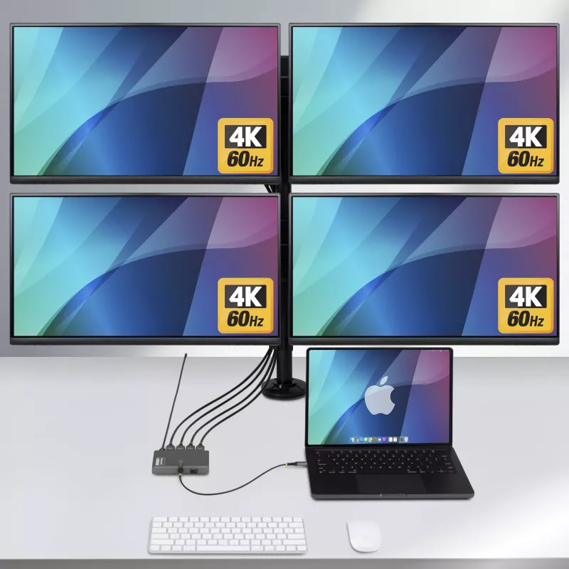 StarTech.com Adaptador USB-C a estación de trabajo de cuatro monitores, HDMI 4K 60Hz, PD Passthrough de 140W para carga de portátil, puerto USB para teclado/ratón inalámbrico, TAA
