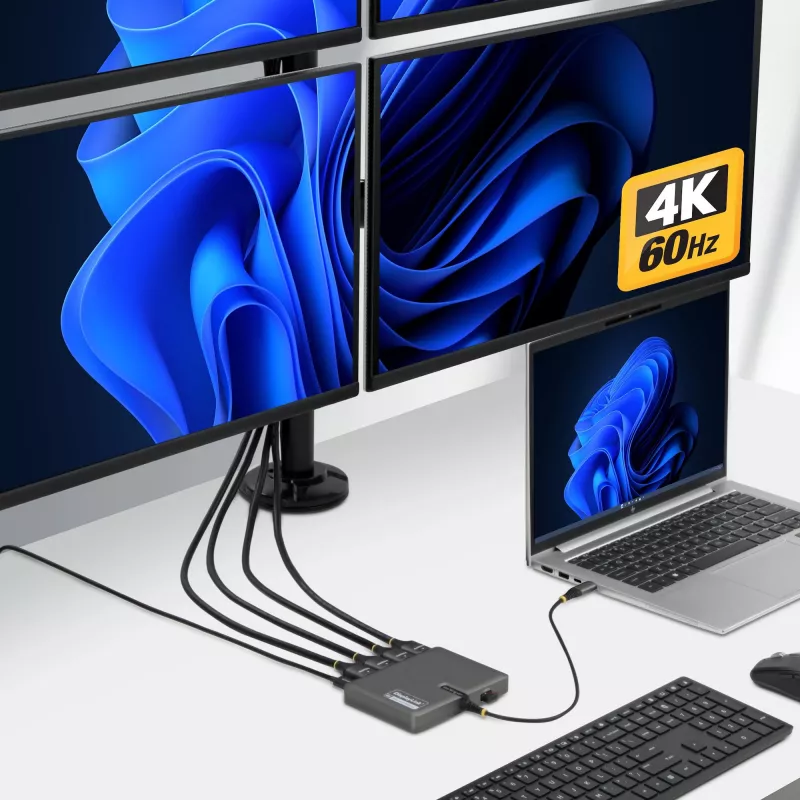 StarTech.com Adaptador USB-C a estación de trabajo de cuatro monitores, HDMI 4K 60Hz, PD Passthrough de 140W para carga de portátil, puerto USB para teclado/ratón inalámbrico, TAA