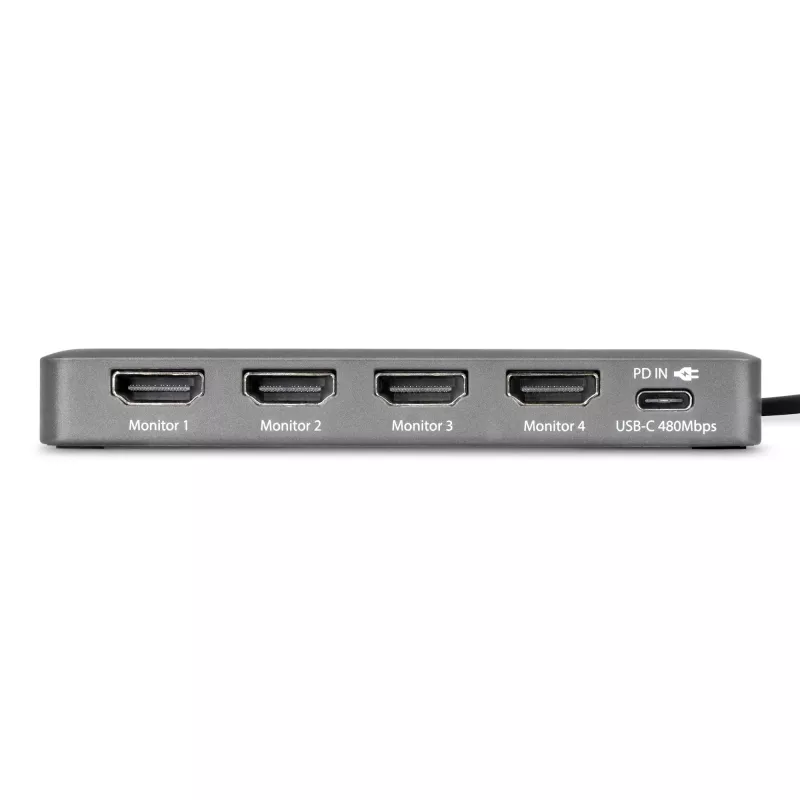 StarTech.com Adaptador USB-C a estación de trabajo de cuatro monitores, HDMI 4K 60Hz, PD Passthrough de 140W para carga de portátil, puerto USB para teclado/ratón inalámbrico, TAA