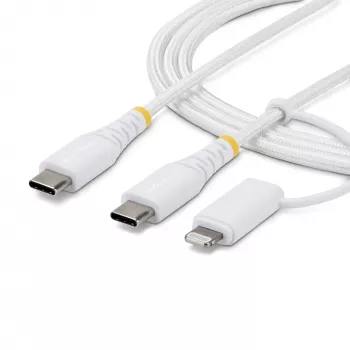 StarTech.com Cable de carga USB-C 2 en 1 resistente de 2 m (6 ft) con adaptador Lightning, 30W/60W (3A), certificado Apple MFi, cable de carga USB-C trenzado para iPhone/iPad/Android
