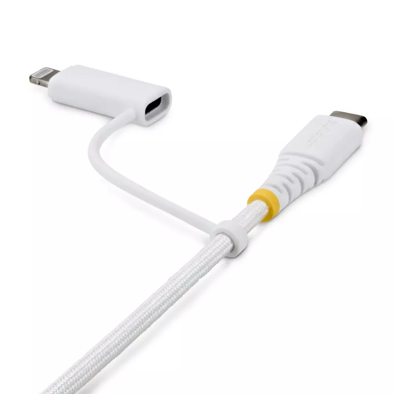 StarTech.com Cable de carga USB-C 2 en 1 resistente de 2 m (6 ft) con adaptador Lightning, 30W/60W (3A), certificado Apple MFi, cable de carga USB-C trenzado para iPhone/iPad/Android
