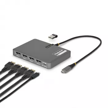 StarTech.com Adaptador USB-C a estación de trabajo de cuatro monitores, DisplayPort 4K 60Hz, PD Passthrough de 140W para carga de portátil, puerto USB para teclado/ratón inalámbrico, TAA