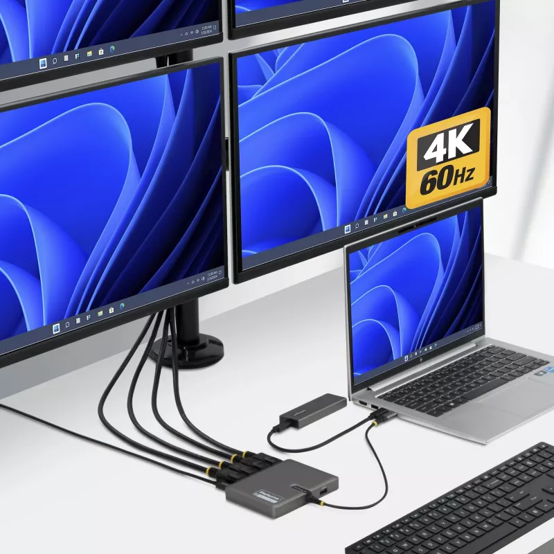 StarTech.com Adaptador USB-C a estación de trabajo de cuatro monitores, DisplayPort 4K 60Hz, PD Passthrough de 140W para carga de portátil, puerto USB para teclado/ratón inalámbrico, TAA