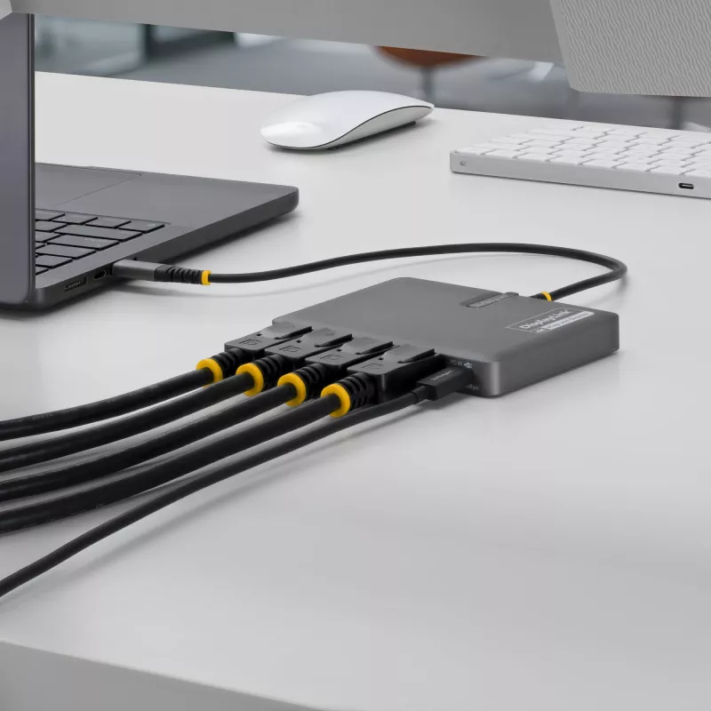 StarTech.com Adaptador USB-C a estación de trabajo de cuatro monitores, DisplayPort 4K 60Hz, PD Passthrough de 140W para carga de portátil, puerto USB para teclado/ratón inalámbrico, TAA