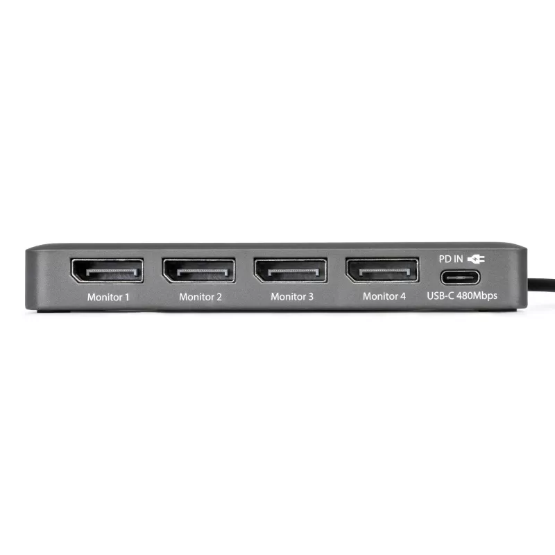 StarTech.com Adaptador USB-C a estación de trabajo de cuatro monitores, DisplayPort 4K 60Hz, PD Passthrough de 140W para carga de portátil, puerto USB para teclado/ratón inalámbrico, TAA