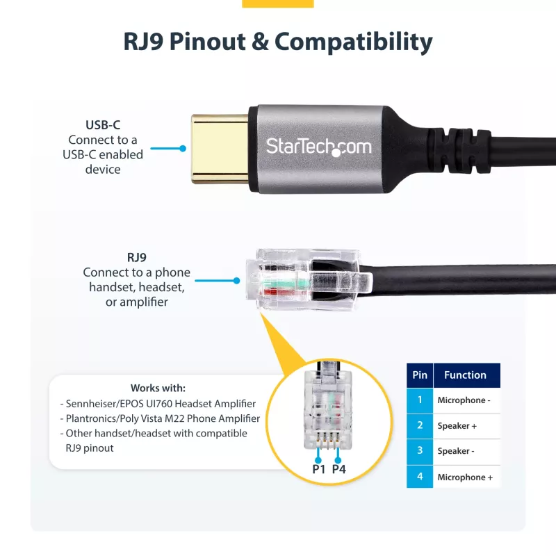 StarTech.com UR9-HEADSET-ADAPTER Adaptador de cable USB-C RJ-9 negro