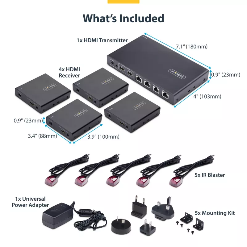 StarTech.com Extensor y divisor HDMI de 4 puertos sobre CAT6, 4K 60Hz, hasta 70 m (230 ft), kit de distribución 1x4 HDMI over Ethernet con IR y Power over Cable