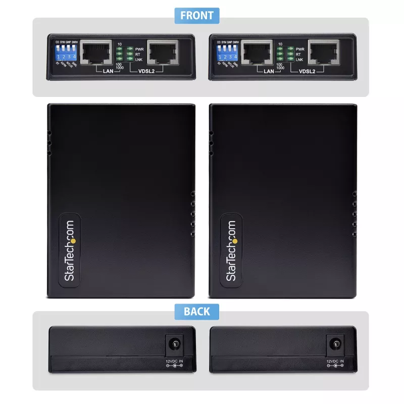 StarTech.com Kit extensor Ethernet VDSL2 sobre par de hilos, alcance de hasta 0,6 millas (1 km), repetidor LAN sobre línea telefónica/CAT5e/CAT6, hasta 300 Mbit/s, reemplazo de 110VDSLEXTEU – TAA