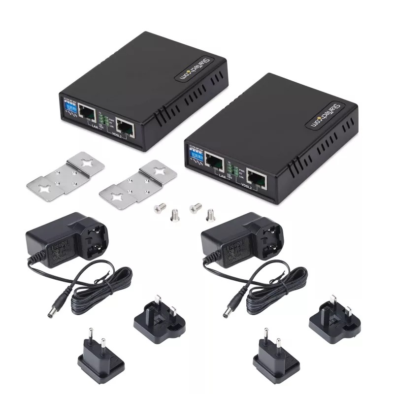 StarTech.com Kit extensor Ethernet VDSL2 sobre par de hilos, alcance de hasta 0,6 millas (1 km), repetidor LAN sobre línea telefónica/CAT5e/CAT6, hasta 300 Mbit/s, reemplazo de 110VDSLEXTEU – TAA