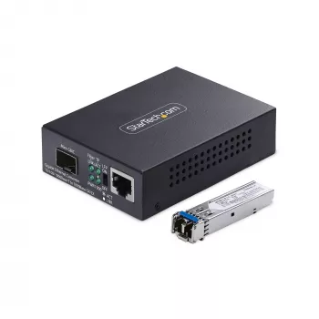 StarTech.com Conversor de medios Gigabit Ethernet de cobre a fibra, SM LC, 20 km, 10/100/1000 Mbit/s, RJ45 a LC, metal completo, 9K Jumbo Frames, conforme a TAA