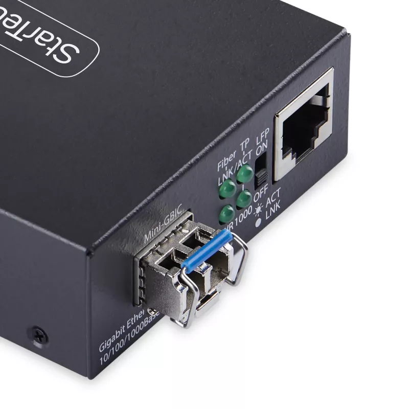 StarTech.com Conversor de medios Gigabit Ethernet de cobre a fibra, SM LC, 20 km, 10/100/1000 Mbit/s, RJ45 a LC, metal completo, 9K Jumbo Frames, conforme a TAA
