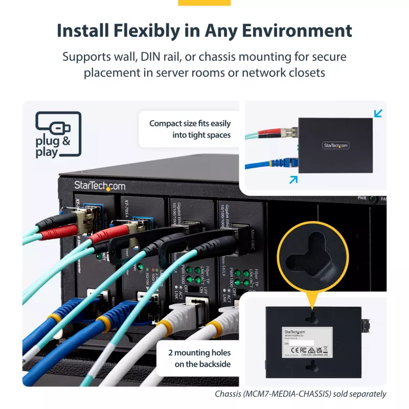 StarTech.com Conversor de medios Gigabit Ethernet de cobre a fibra, SM LC, 20 km, 10/100/1000 Mbit/s, RJ45 a LC, metal completo, 9K Jumbo Frames, conforme a TAA