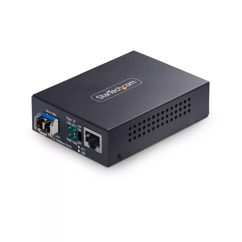 StarTech.com Conversor de medios Gigabit Ethernet de cobre a fibra, SM LC, 20 km, 10/100/1000 Mbit/s, RJ45 a LC, metal completo, 9K Jumbo Frames, conforme a TAA