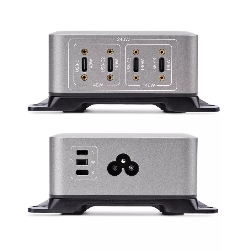 StarTech.com Cargador USB-C multipuerto de 4 puertos, 240W total, puerto individual 140W EPR, PD 3.1, puertos con fijación por tornillo, salas de conferencias, soporte incl. para montaje en superficie