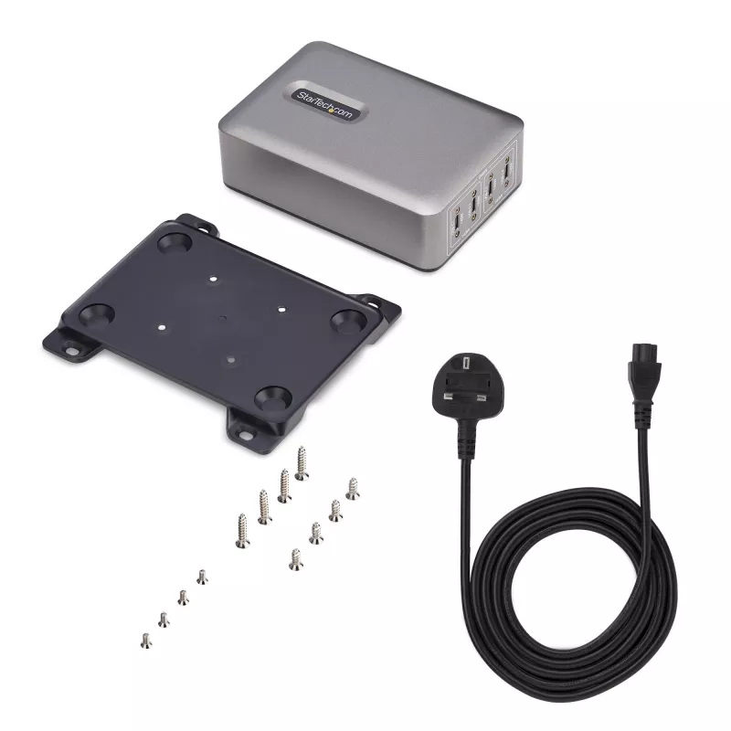 StarTech.com Cargador USB-C multipuerto de 4 puertos, 240W total, puerto individual 140W EPR, PD 3.1, puertos con fijación por tornillo, salas de conferencias, soporte incl. para montaje en superficie