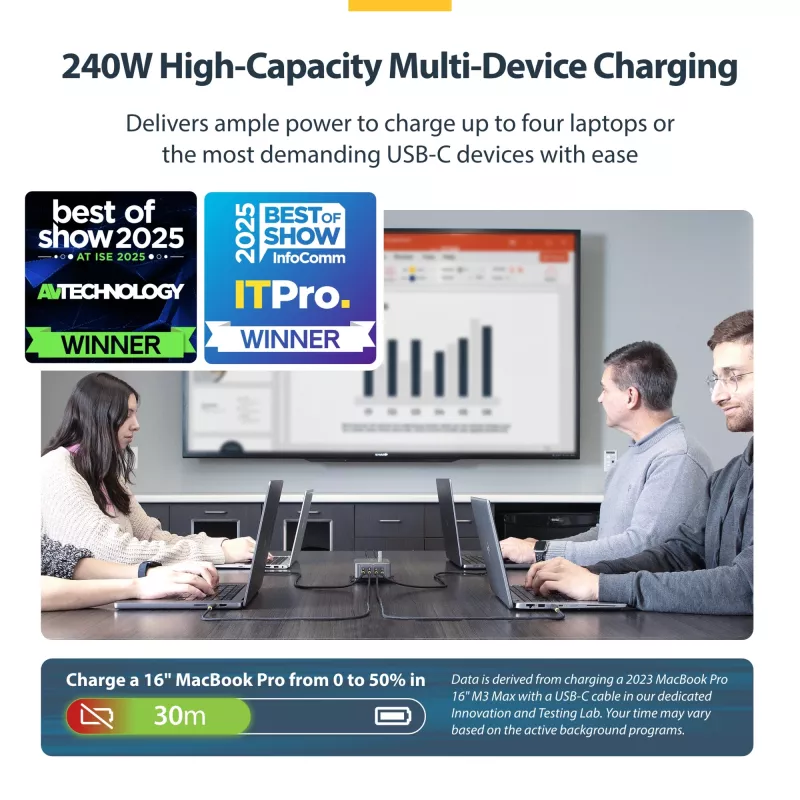 StarTech.com Cargador USB-C multipuerto de 4 puertos, 240W total, puerto individual 140W EPR, PD 3.1, puertos con fijación por tornillo, salas de conferencias, soporte incl. para montaje en superficie