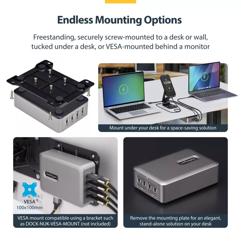 StarTech.com Cargador USB-C multipuerto de 4 puertos, 240W total, puerto individual 140W EPR, PD 3.1, puertos con fijación por tornillo, salas de conferencias, soporte incl. para montaje en superficie