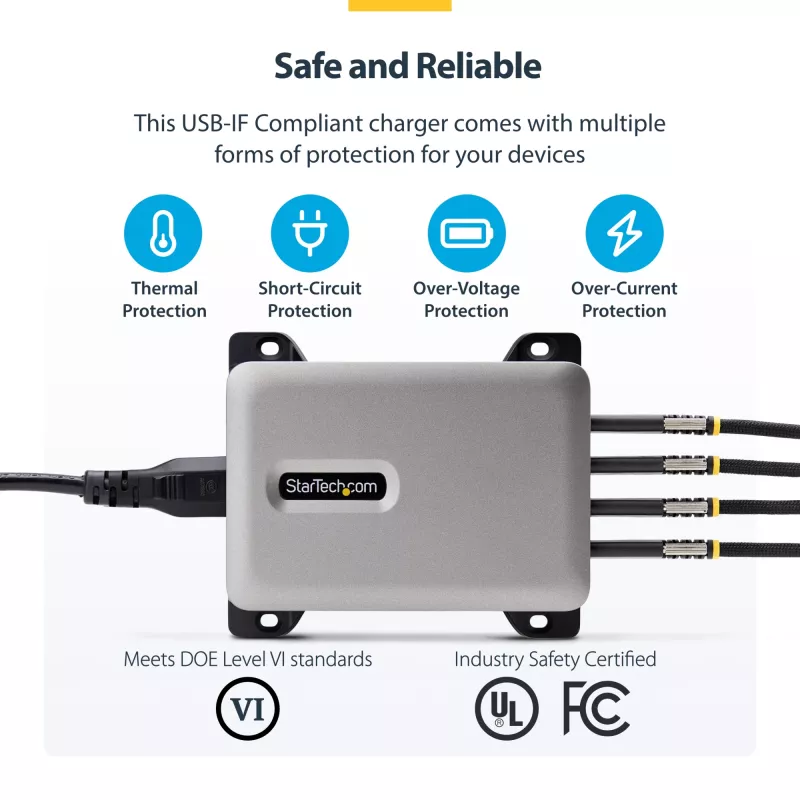 StarTech.com Cargador USB-C multipuerto de 4 puertos, 240W total, puerto individual 140W EPR, PD 3.1, puertos con fijación por tornillo, salas de conferencias, soporte incl. para montaje en superficie