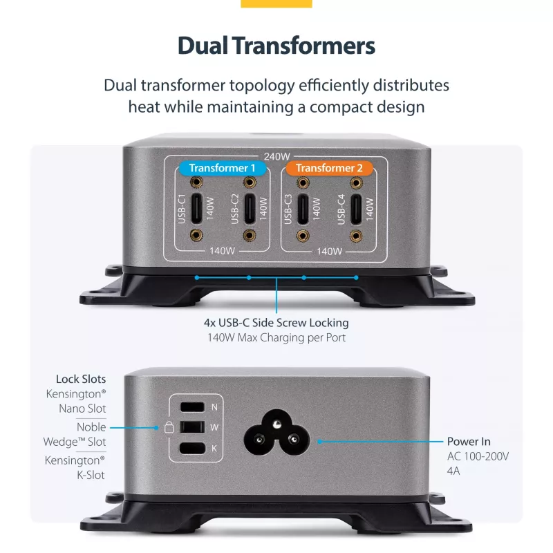StarTech.com Cargador USB-C multipuerto de 4 puertos, 240W total, puerto individual 140W EPR, PD 3.1, puertos con fijación por tornillo, salas de conferencias, soporte incl. para montaje en superficie