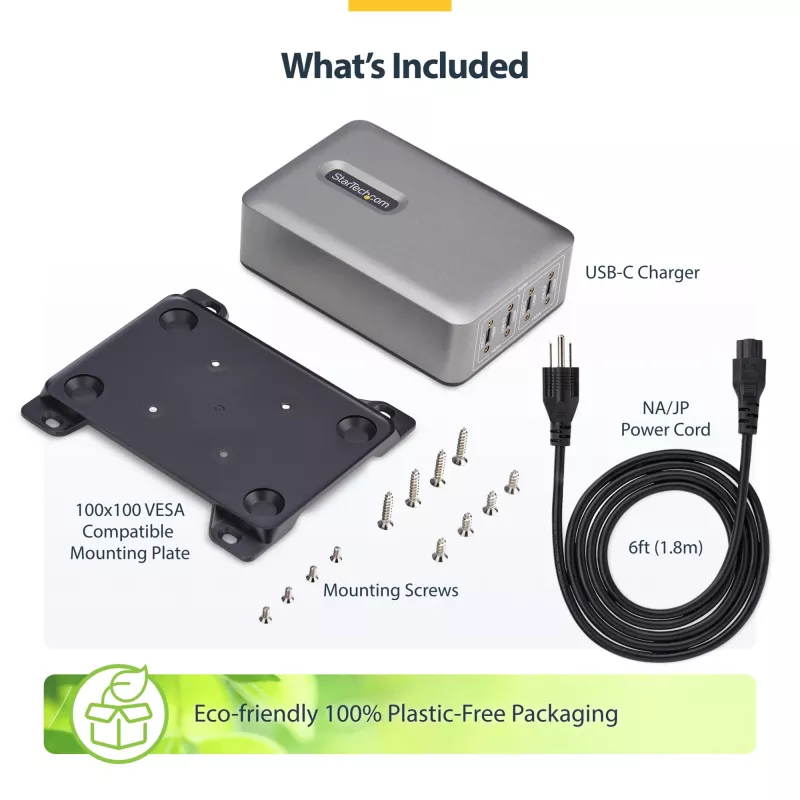 StarTech.com Cargador USB-C multipuerto de 4 puertos, 240W total, puerto individual 140W EPR, PD 3.1, puertos con fijación por tornillo, salas de conferencias, soporte incl. para montaje en superficie