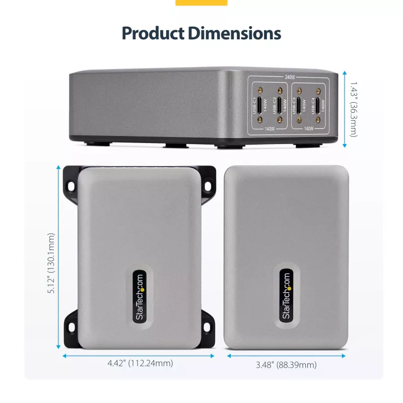 StarTech.com Cargador USB-C multipuerto de 4 puertos, 240W total, puerto individual 140W EPR, PD 3.1, puertos con fijación por tornillo, salas de conferencias, soporte incl. para montaje en superficie